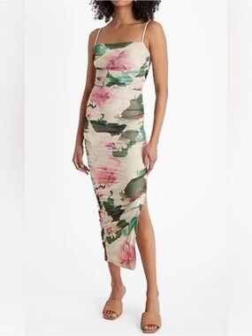 Express Floral Bodycon Midi Dress Medium Beige Floral Ruched Side Slit